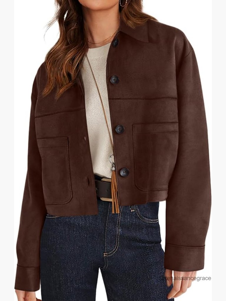 Faux Suede Cropped Jacket With Pockets, Slim Fit Casual Outwear